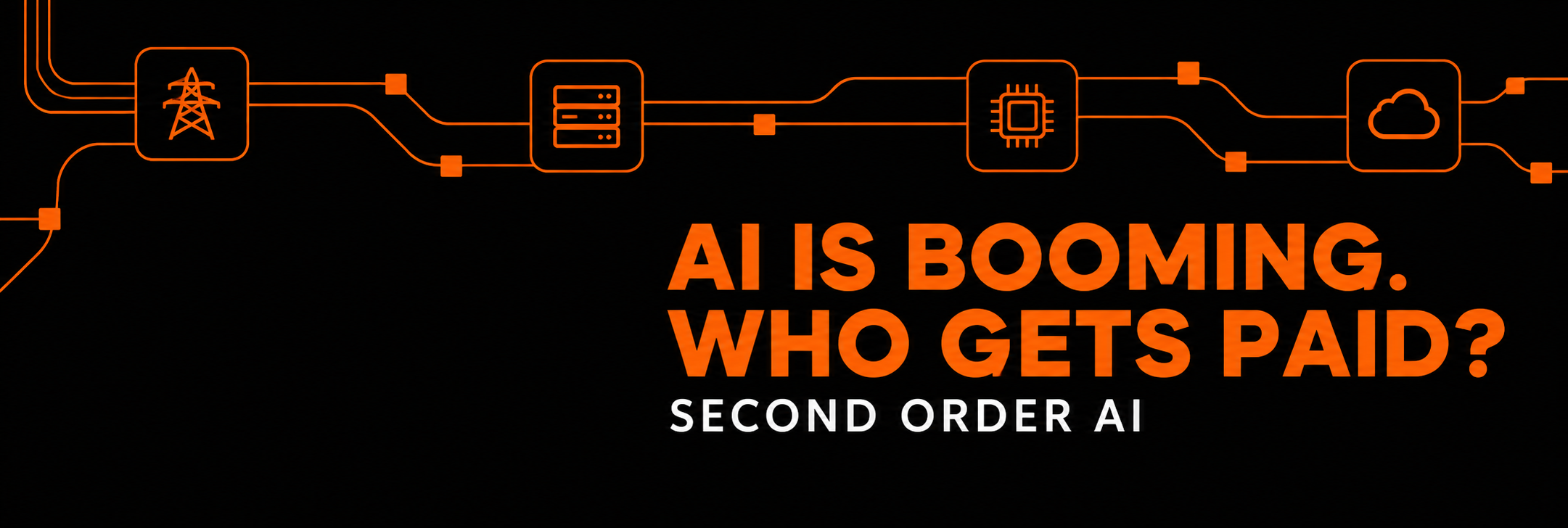 AI is booming. Who gets paid? An orange circuit traces power, servers, silicon and cloud.